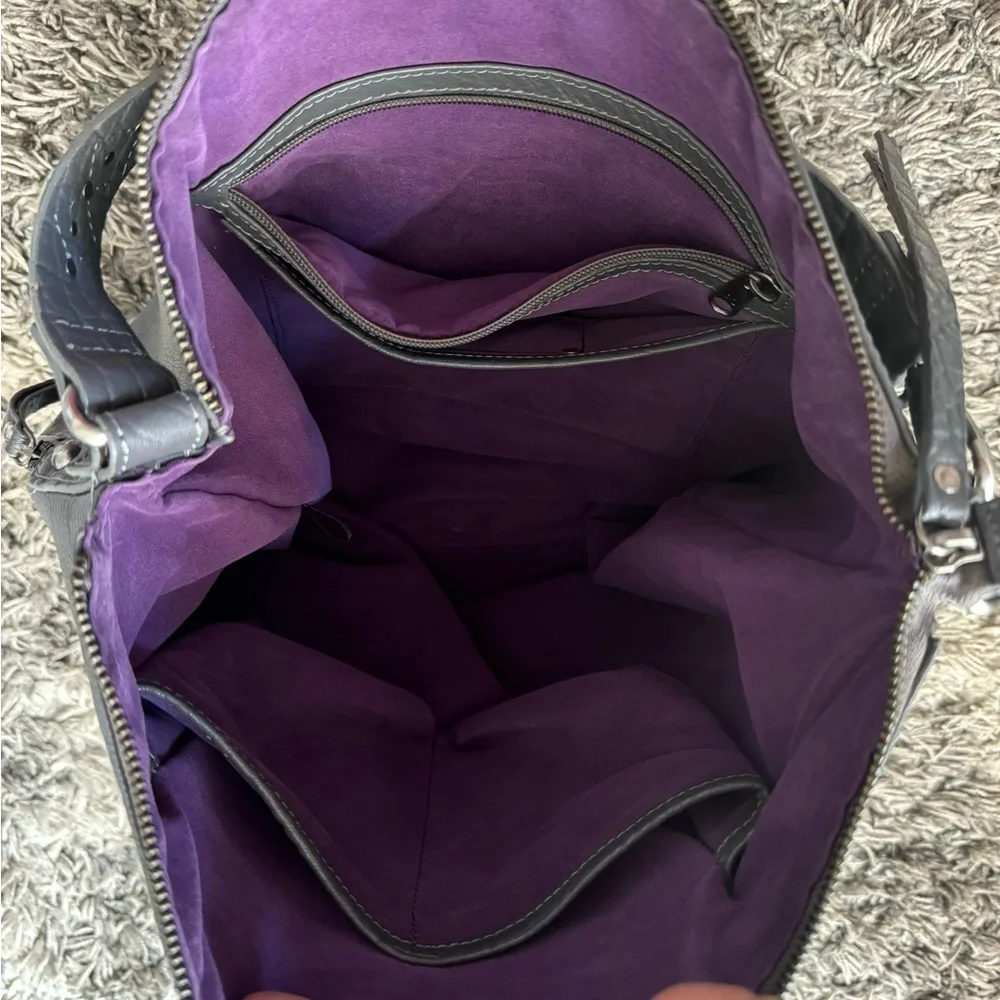 Bella by Sharif Gray Leather Hobo Bag with Cowhide Detail - Picture 7 of 14